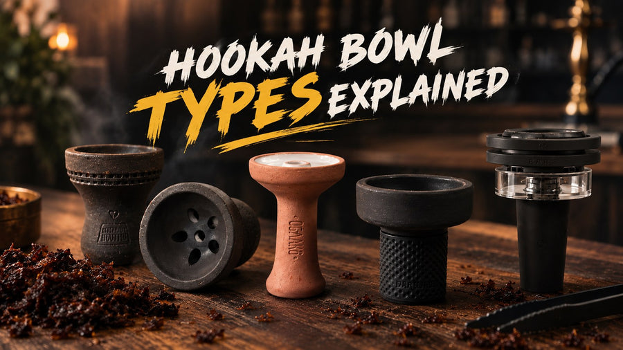 Hookah bowl types explained: Turkish, killer, phunnel and thermic bowls on a dark table