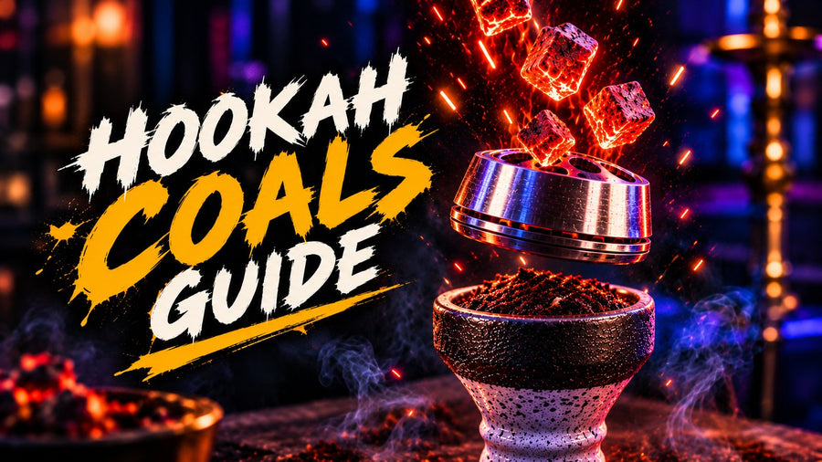 Hookah coals guide: glowing coconut charcoal cubes falling into a heat management device on a hookah bowl