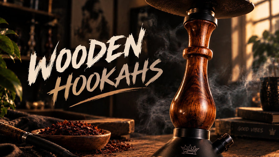 Handmade wooden hookah with a glossy hardwood stem on a dark table